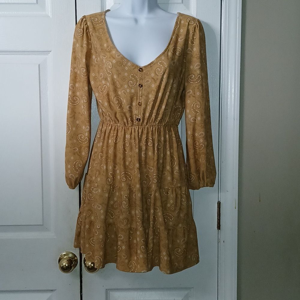 Ardene butterscotch color paisley print mini boho western dress Sz S EUC